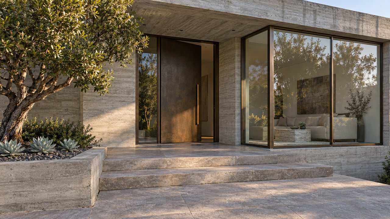Low-angle view of a contemporary home's limestone entry steps, bronze door and glazed living room beneath a concrete overhang.