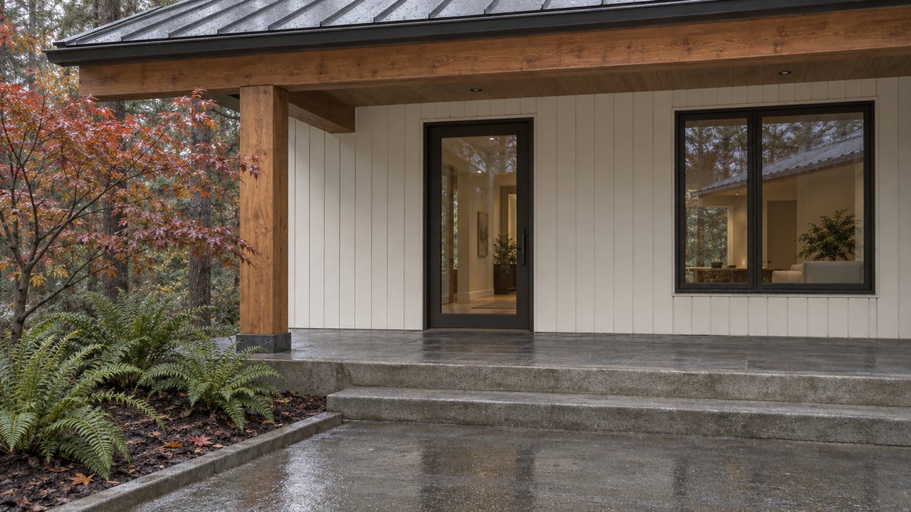 Covered timber porch with ivory siding, closed bronze-framed glass door, wet concrete approach and red autumn maple.