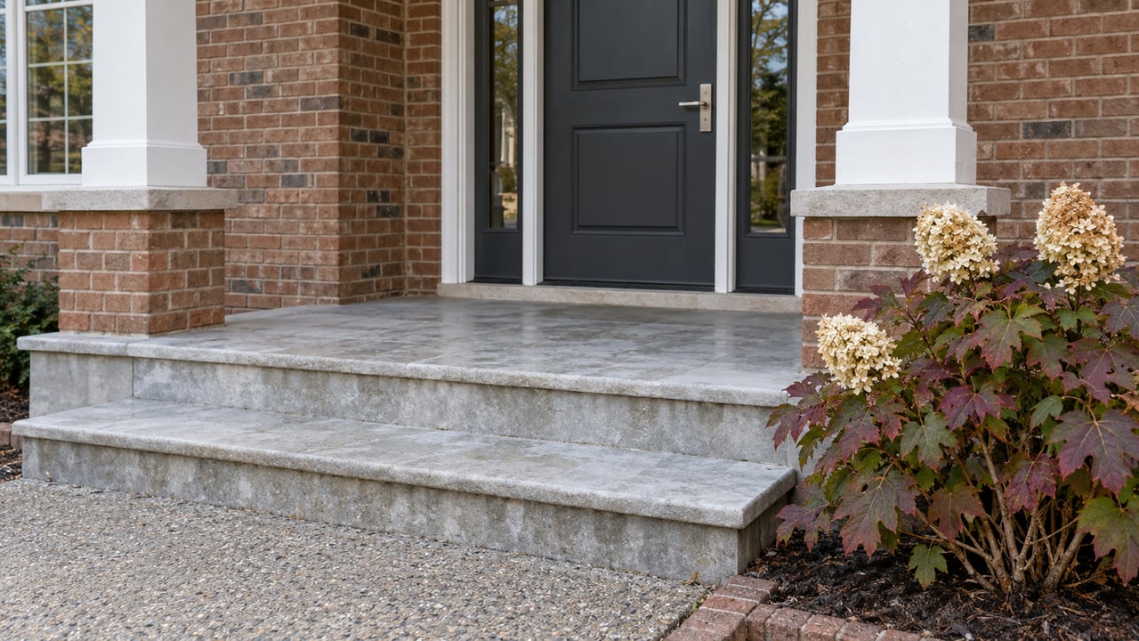 Sheltered brick home entrance with a charcoal door, paired sidelights, limestone steps and burgundy oakleaf hydrangea foliage.