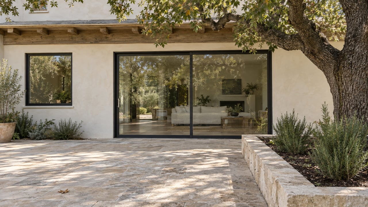 Detached house with a limestone terrace, black-framed glass doors, and a mature oak beside a raised planting bed.