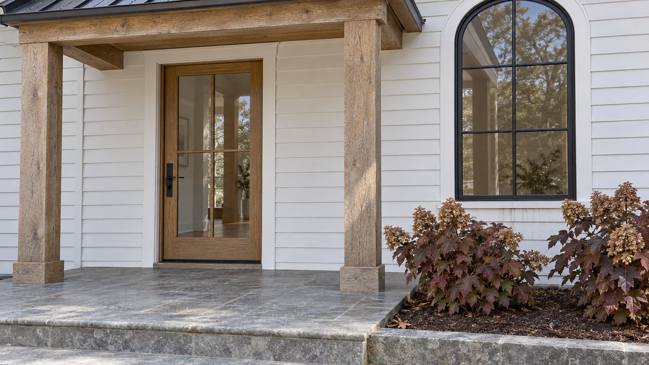 Covered home entry with oak posts, white clapboard siding, a black arched window and limestone steps beside autumn oakleaf hydrangeas.