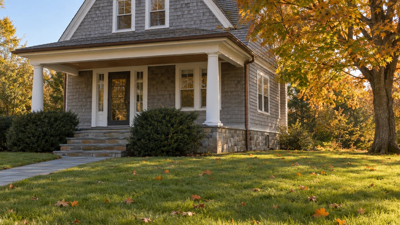 Shingled house porch behind a broad lawn, with a sugar maple turning amber and a bluestone path.