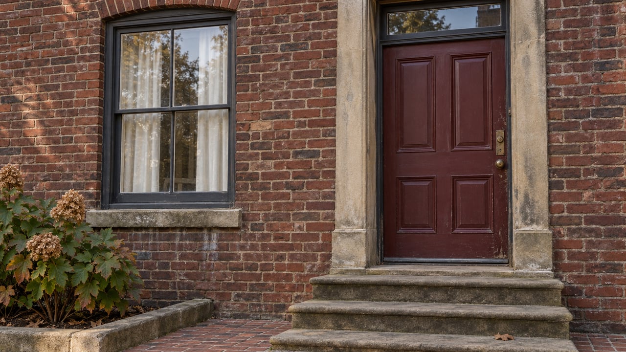 Weathered red brick townhouse entry with an oxblood door, tall sash window, sandstone steps and an oakleaf hydrangea.