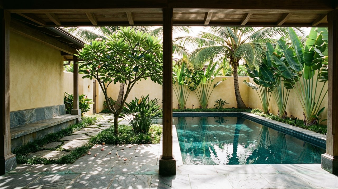 Stone-tiled lanai opens onto a teal-tiled courtyard pool, framed by palms and pale stucco walls.