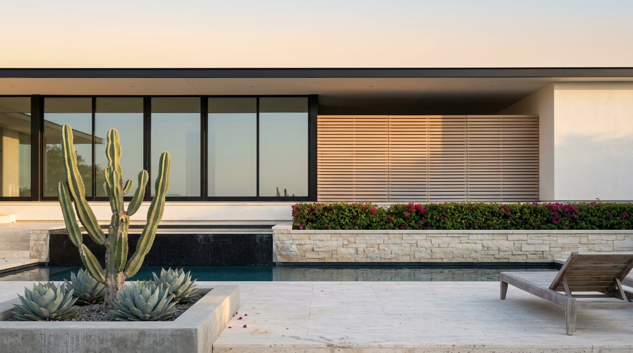 Single-level pavilion with glass walls and wood slats beside a linear pool, cactus planter, and limestone wall.