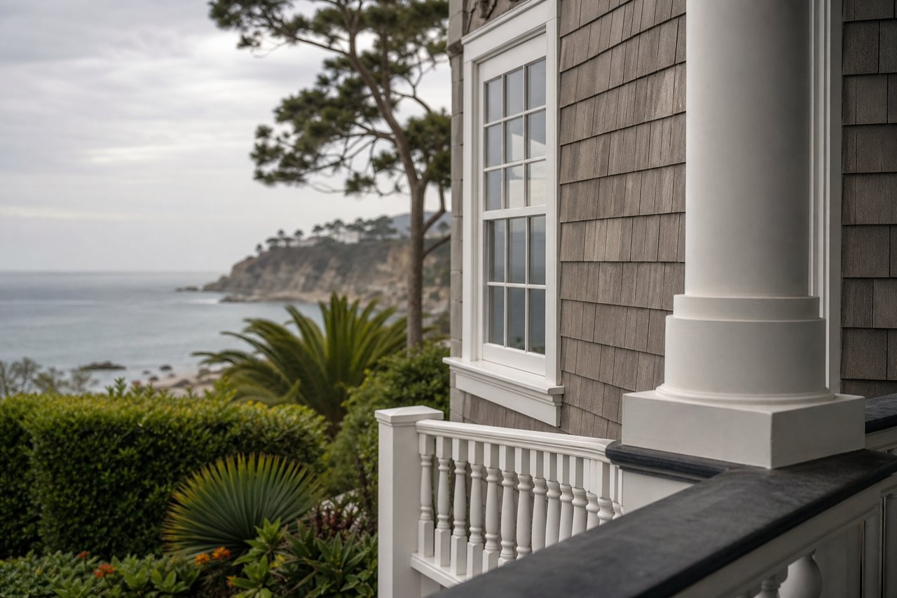 Coastal home exterior with shingle siding and a white porch overlooking the ocean.