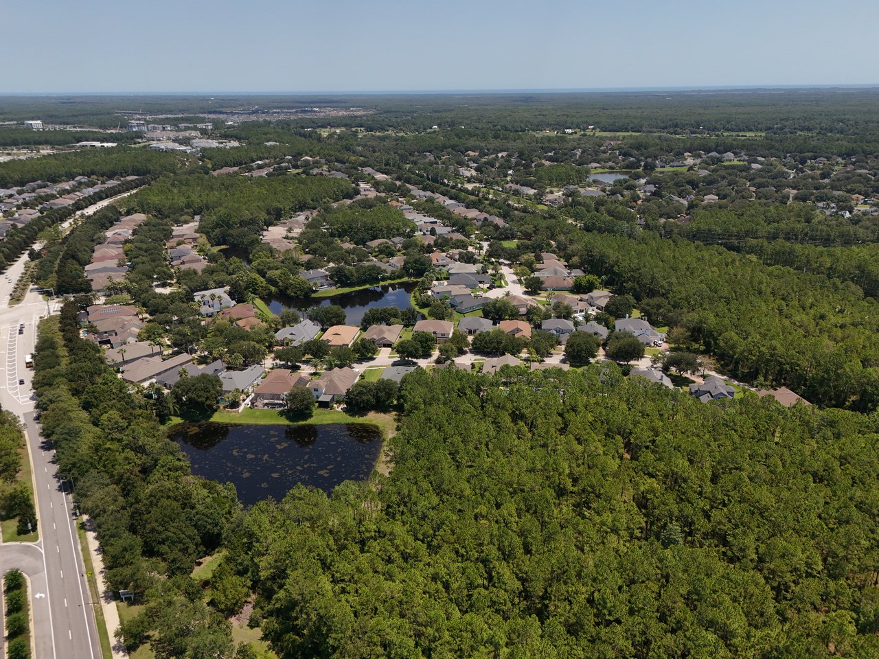 Aerial view of Austin Park homes among mature trees, with a pond in the foreground.