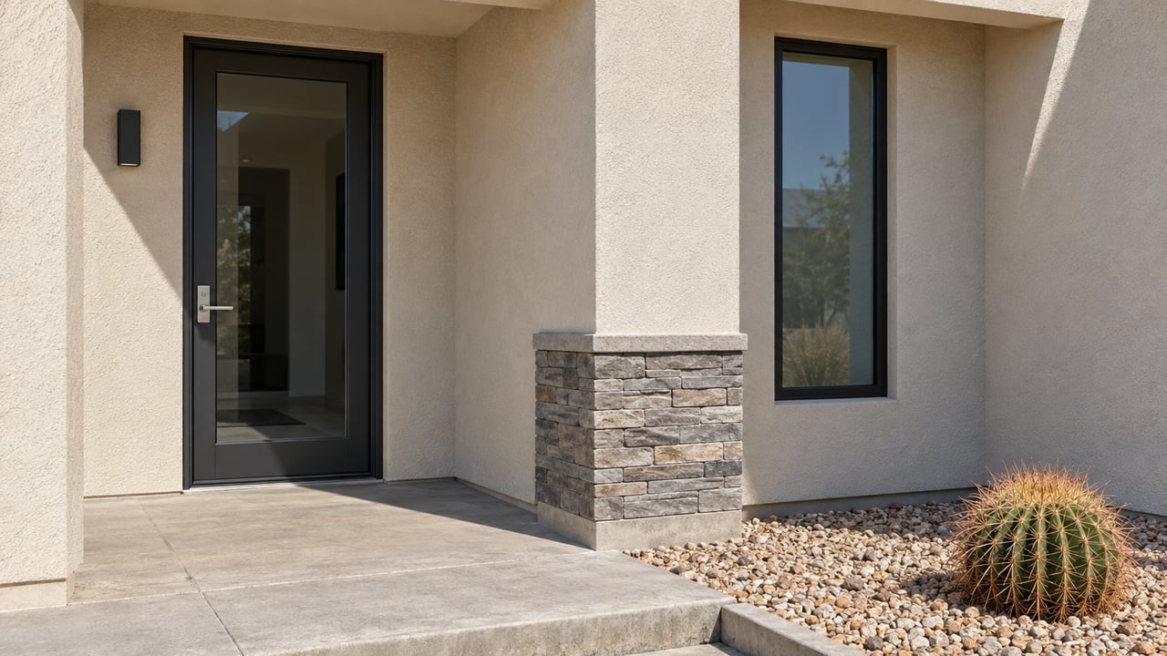 Close view of a sand-colored stucco home's recessed glazed entrance, gray stone base and concrete landing beside a single barrel cactus in gravel.