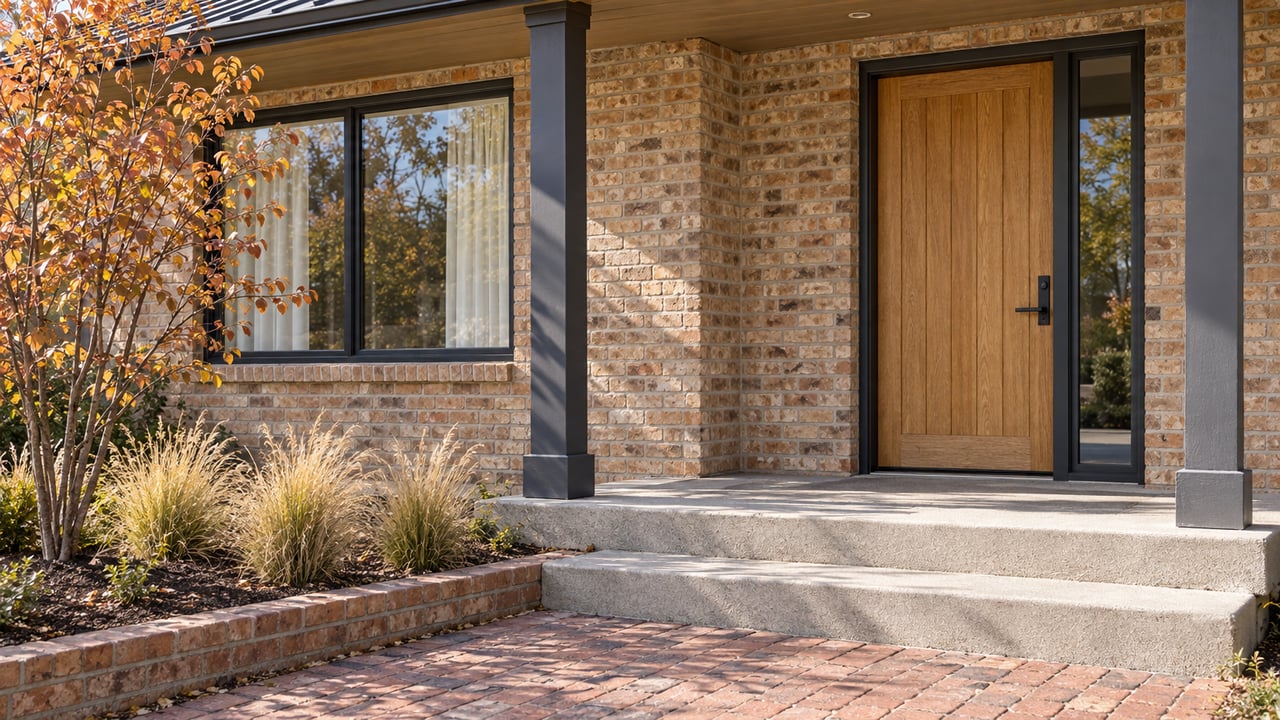 Sunlit buff-brick house entry with a honey-toned wood door, black-framed window, concrete steps and copper-colored autumn planting.
