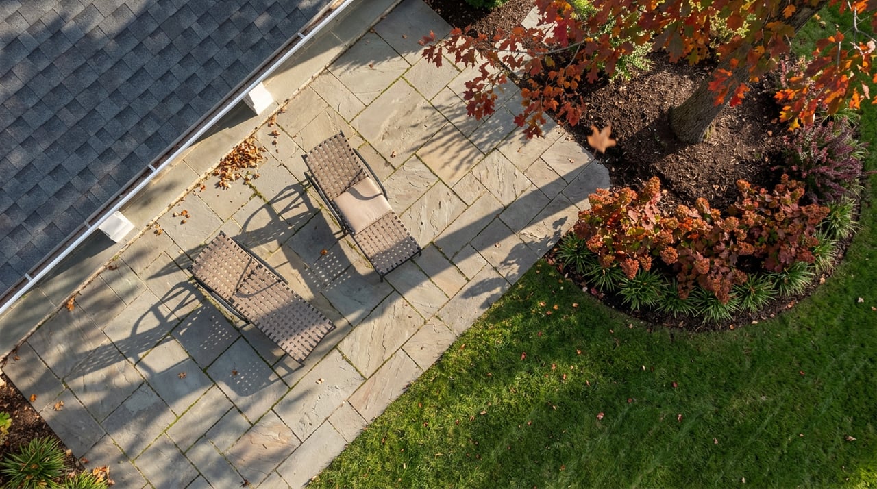 Bluestone patio with two woven lounge chairs beneath a canopy of scarlet and orange autumn leaves.