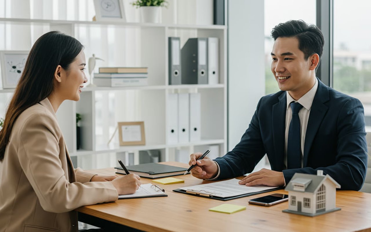 A woman interviews a smiling agent across a desk with paperwork and a model house.