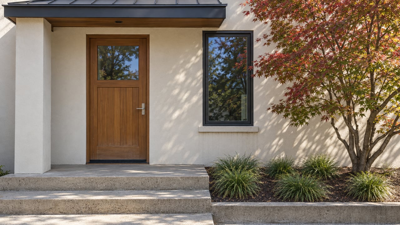 Sunlit cedar-and-glass front door beside an ivory stucco wall, concrete entry steps and a red-green Japanese maple.
