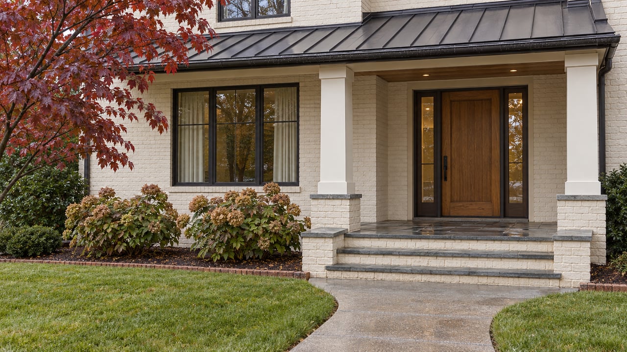 Updated ivory-brick home with a sheltered oak entry, bluestone steps, bronze-framed windows, and an autumn front garden.