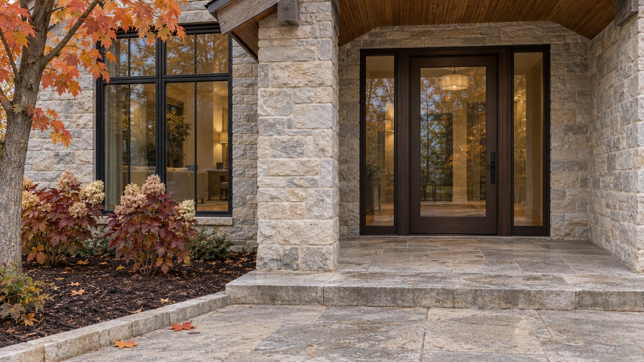 Stone home entrance with dark-framed glass doors, broad steps, and autumn landscaping.