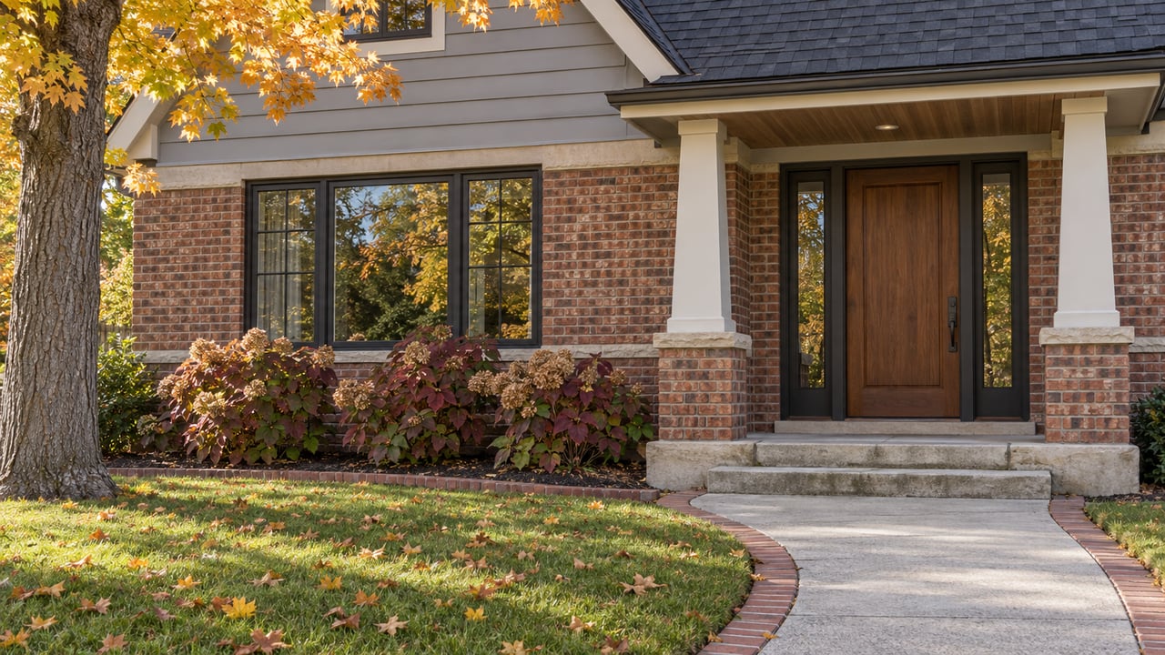 An updated traditional home with red-brown brick, gray clapboard, a sheltered walnut entry and copper-colored autumn maple foliage beside a broad front lawn.