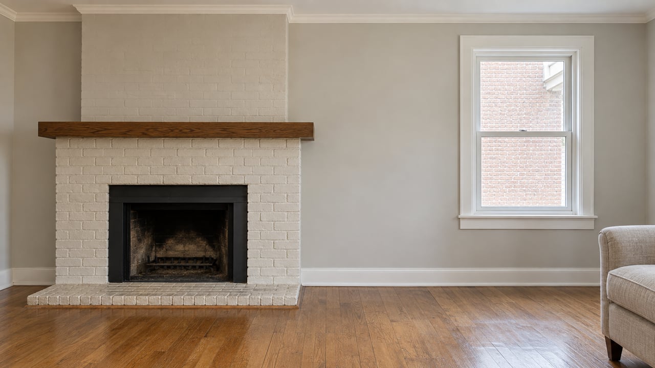 Painted-brick fireplace with oak mantel beside a closed double-hung window in a living room.