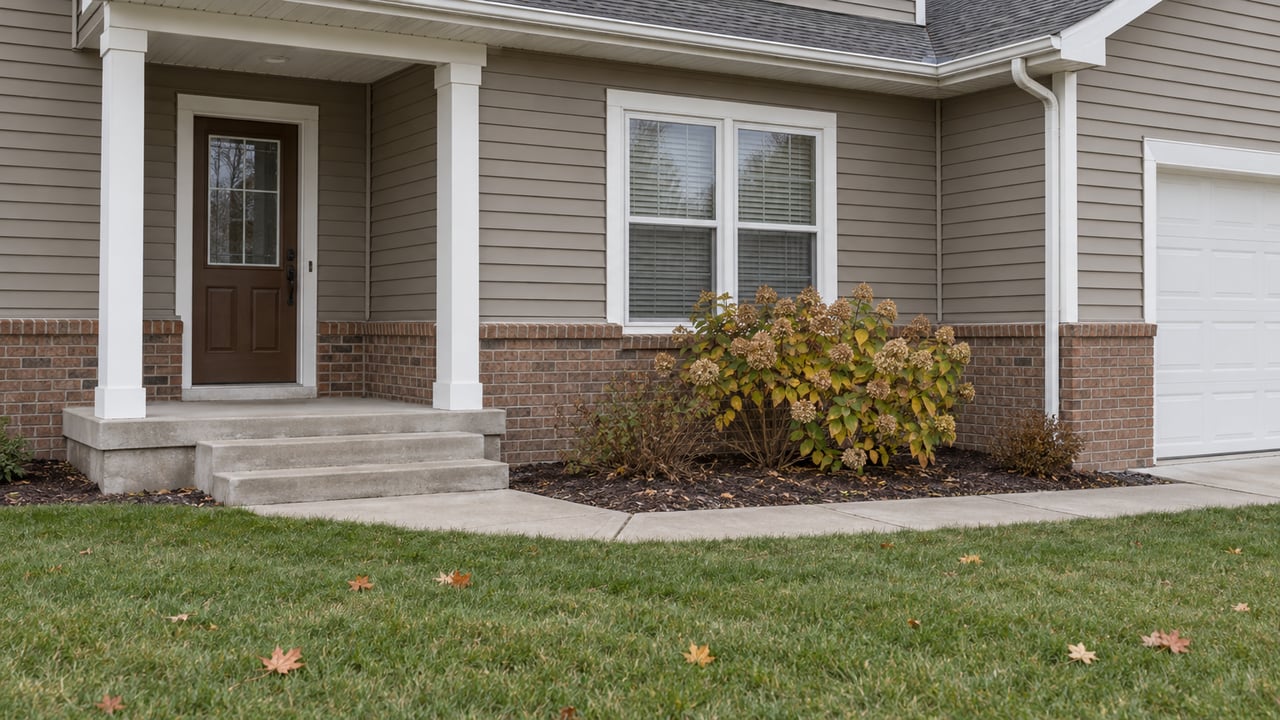 Taupe-sided suburban home with a covered entry, brick foundation accents, autumn hydrangea and a green front lawn.