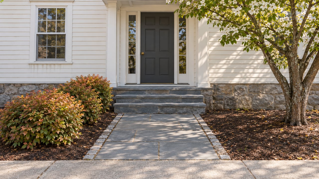 Off-white clapboard house with charcoal door, glazed sidelights, bluestone steps, and dogwood beside the walk.