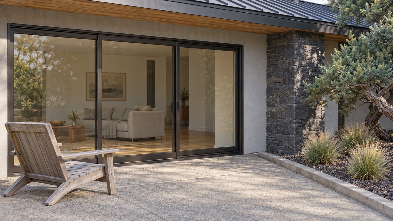 Covered patio beside bronze-framed living-room glass, with cedar soffit, basalt masonry and a sculptural juniper in dry gravel planting.