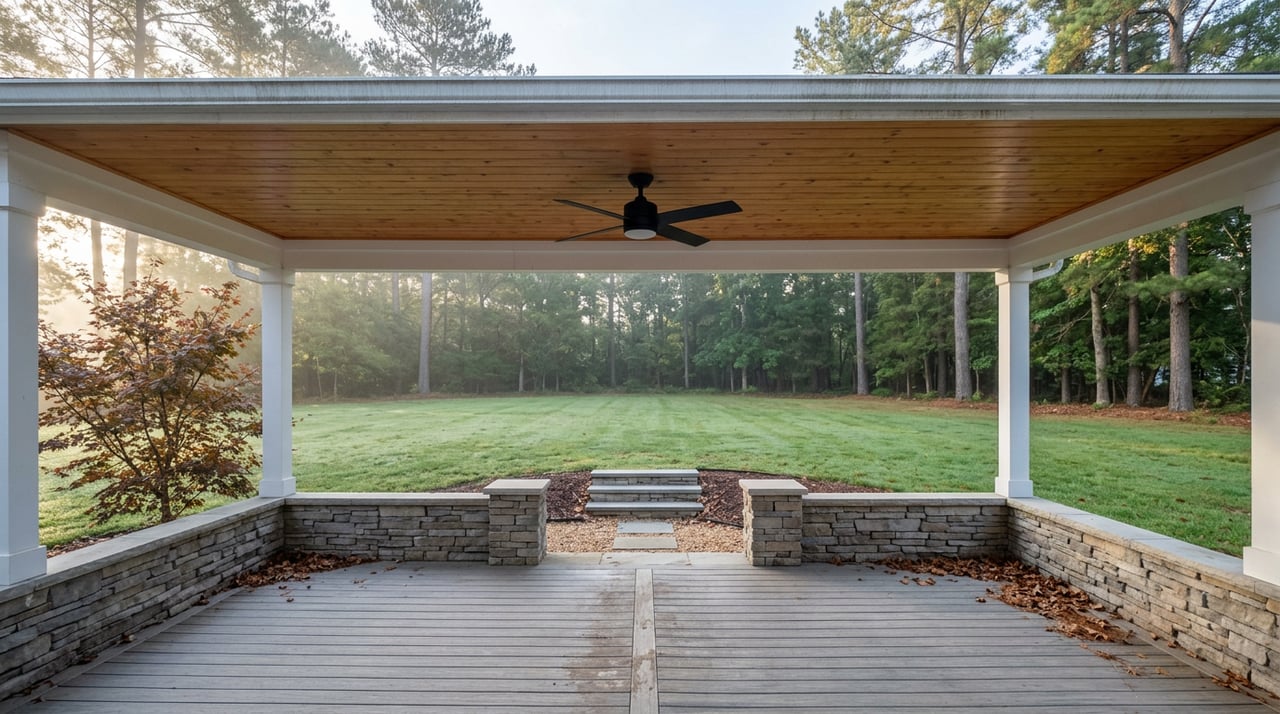 Covered patio with a ledgestone knee wall overlooks a dewy lawn and pine-and-hickory tree line.