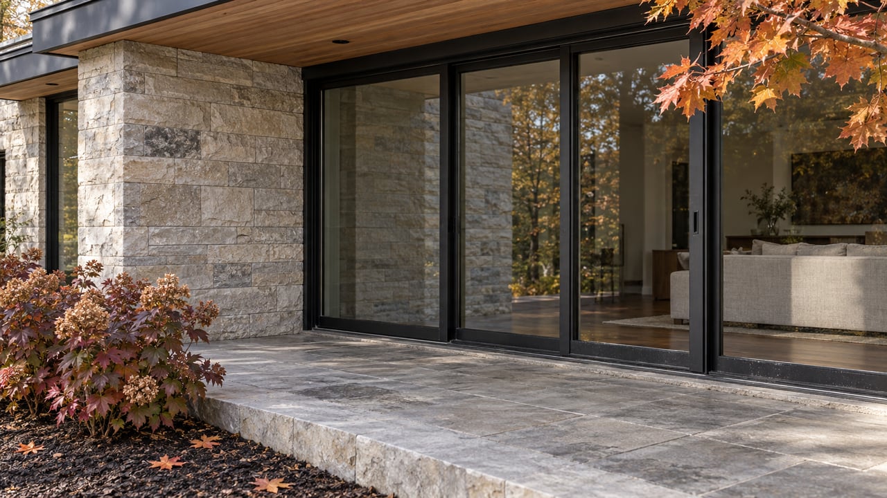 Limestone and wood-clad residential corner with black-framed glass doors, a stone terrace, and copper autumn leaves.