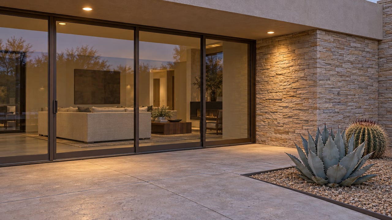 Twilight on a luxury home's concrete patio, with bronze-framed glass doors, sandstone cladding and two sculptural desert plants.