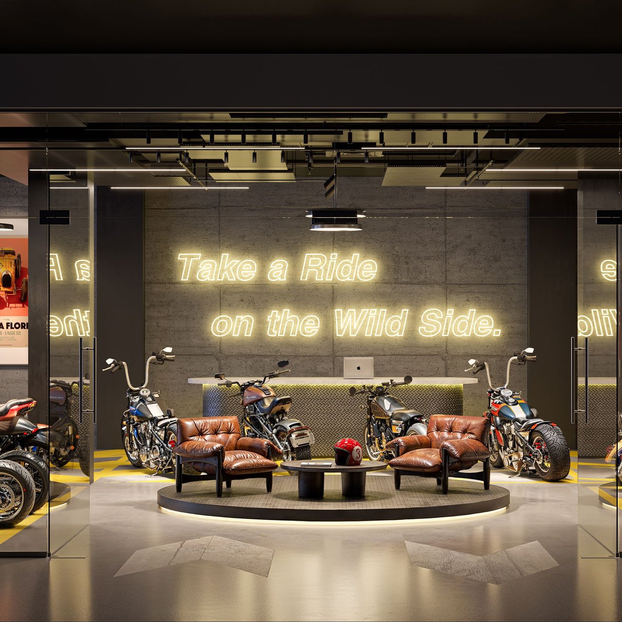 Motorcycle-themed lounge with leather chairs, several motorcycles, and illuminated “Take a Ride on the Wild Side” lettering.