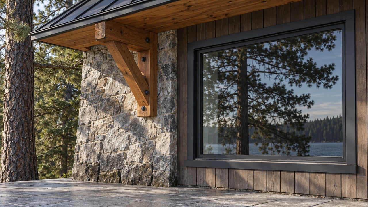 Close low-angle view of a retreat home's quartzite corner, timber roof bracket, dark cedar siding and large glazed window above a granite terrace.