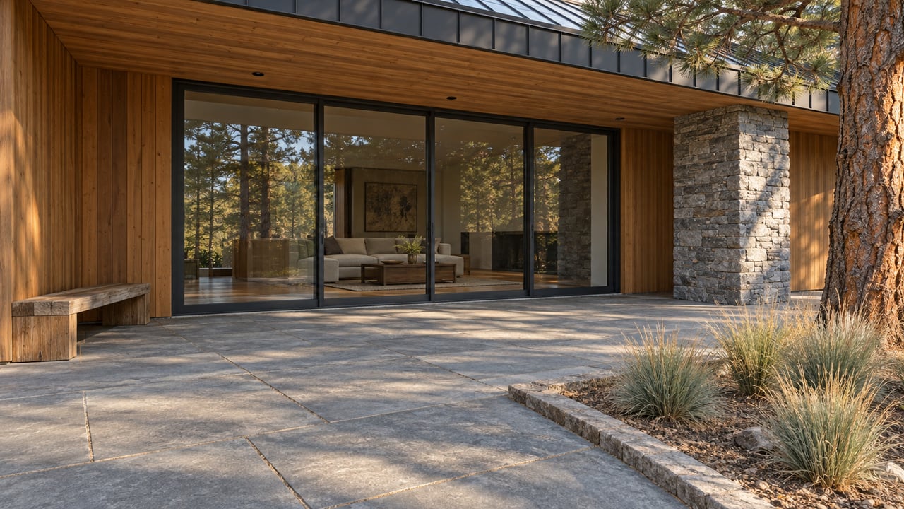 Cedar and gray-stone home with closed glass doors, a basalt terrace and a mature pine beside a raised stone edge.