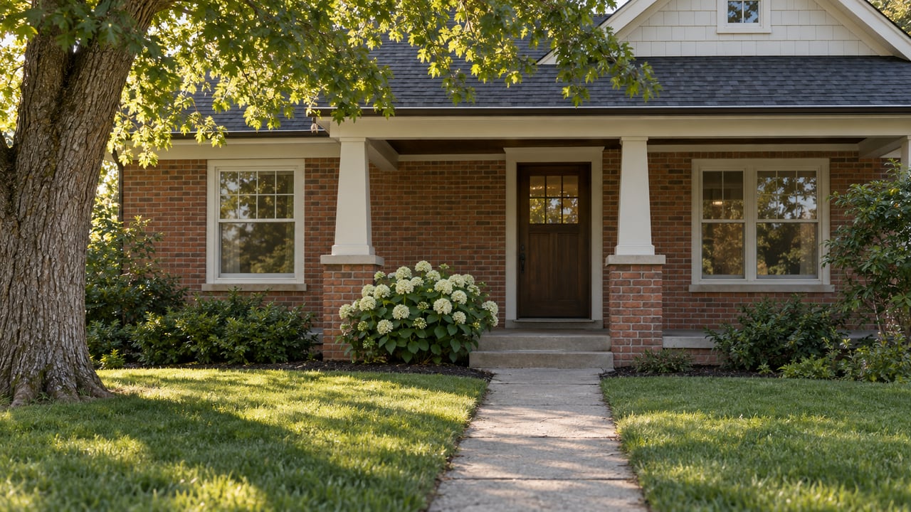 Brick home with a cream-sided gable, recessed dark door, oak canopy, and lawn divided by a concrete walk.