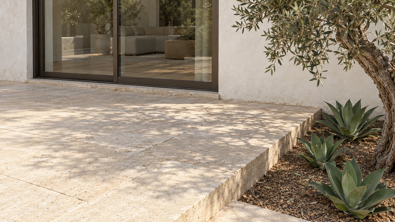 Warm limestone terrace beside a pale stucco home, with bronze-framed glass doors and an olive tree above a recessed planting bed.