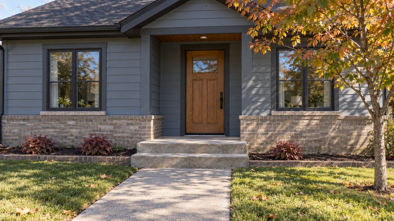 Autumn light on a gray-blue home's oak front door, brick foundation and concrete approach beside a small maple.