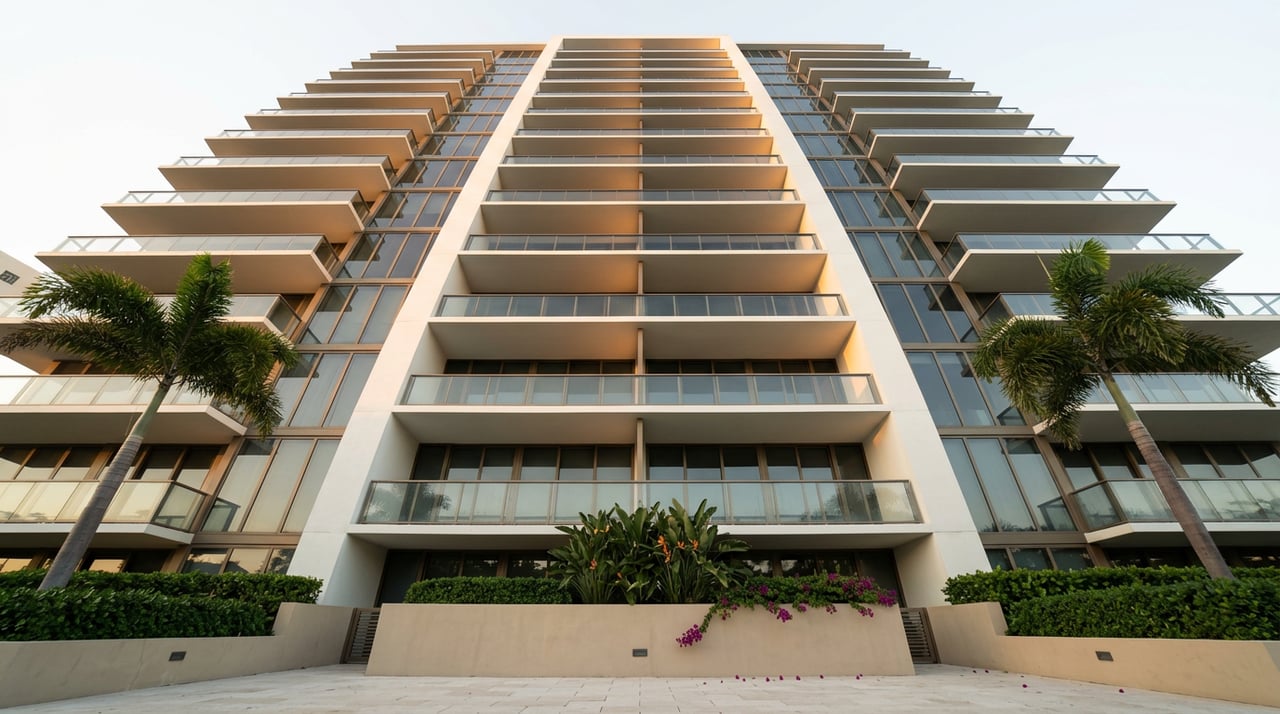 Residential tower rises above a landscaped courtyard, with stacked glass balconies and two royal palms.