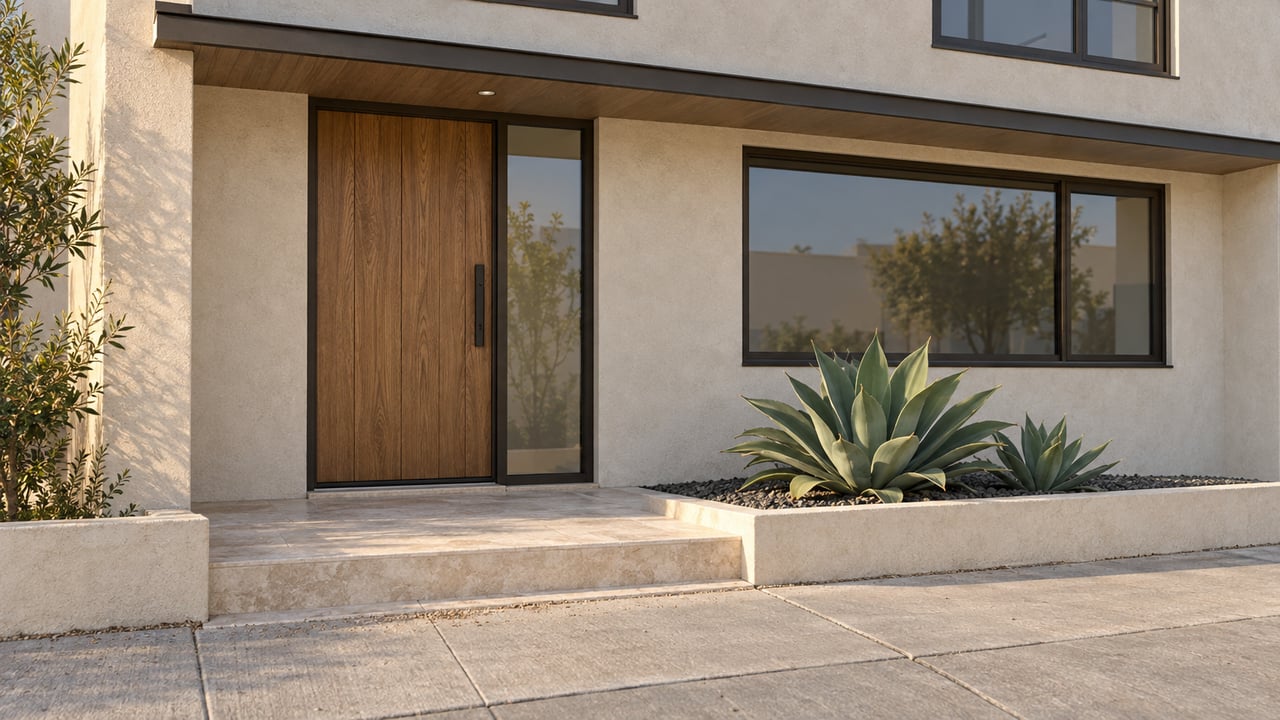 Coastal stucco house with a recessed oak door, bronze-framed windows, and two agaves beside the sidewalk.