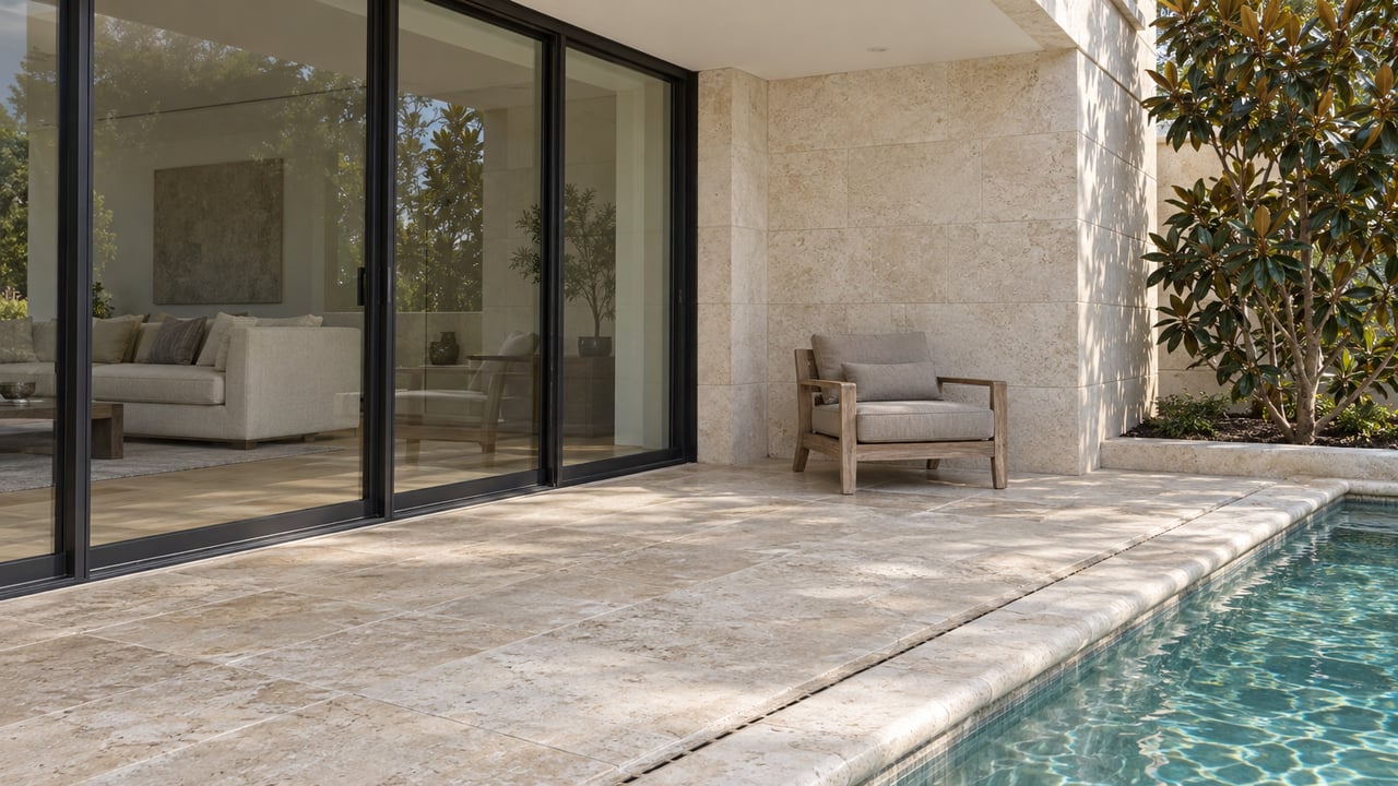 Limestone terrace beside closed black-framed glass doors, with a weathered teak chair and a narrow blue-green pool edge.