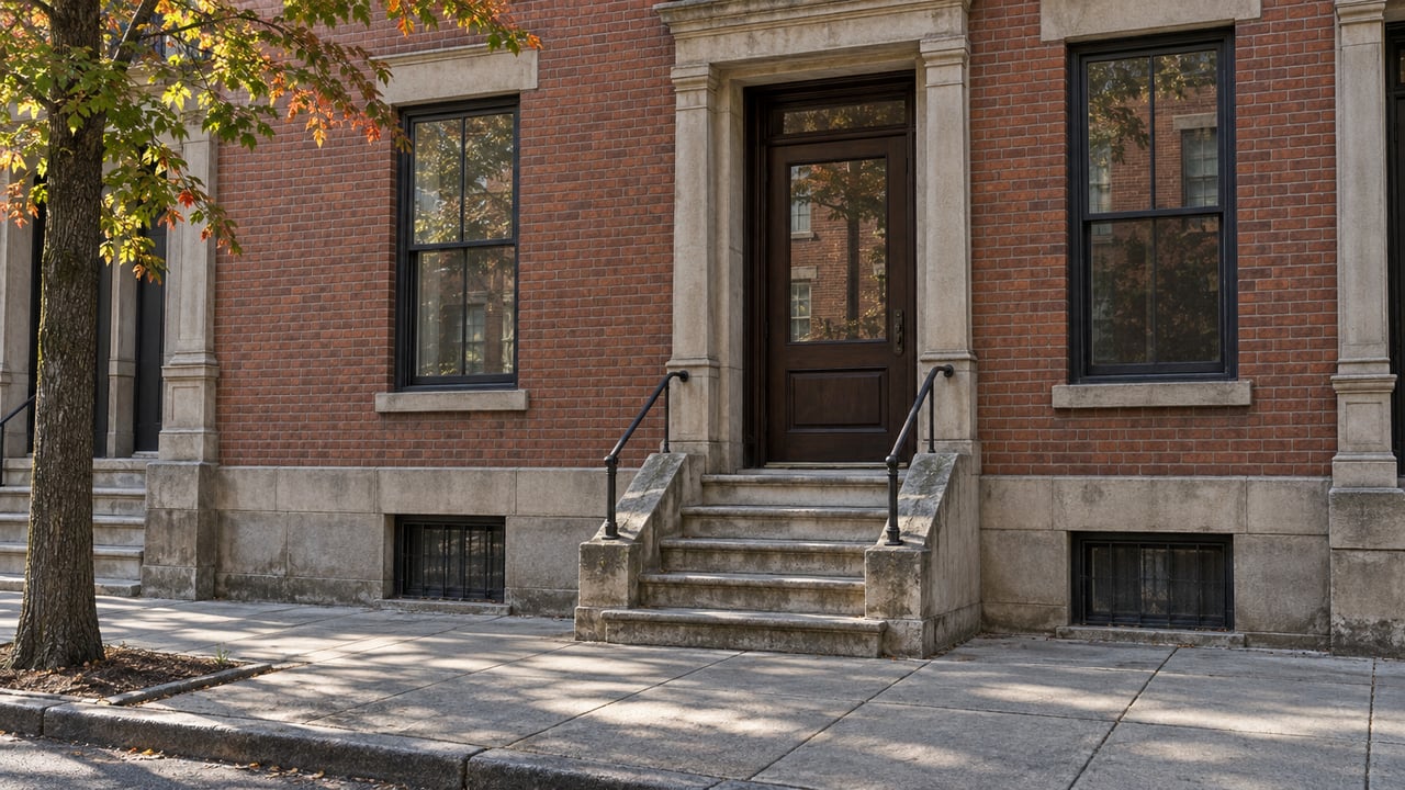 Red-brown brick townhouse entrance with five limestone steps, black handrails, and autumn leaves at the frame edge.