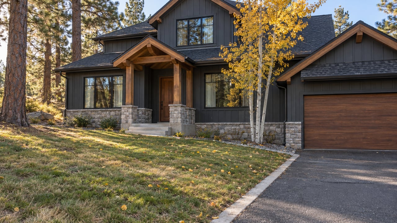 Charcoal and cedar detached home with a covered porch, stone foundation, and yellow autumn leaves on a sloping wooded yard.