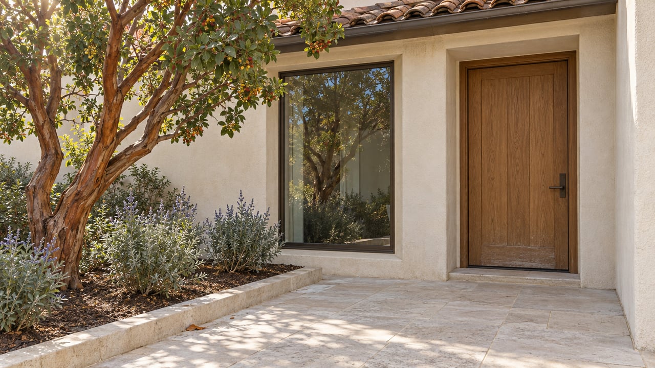 Sunlit ivory stucco home entry with an oak door, bronze-framed window, limestone terrace and sculptural strawberry tree.