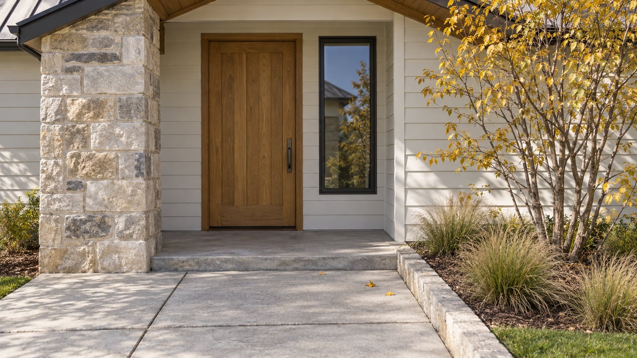 Recessed oak front door beside a limestone pier, with yellow leaves and ornamental grasses along the concrete walk.