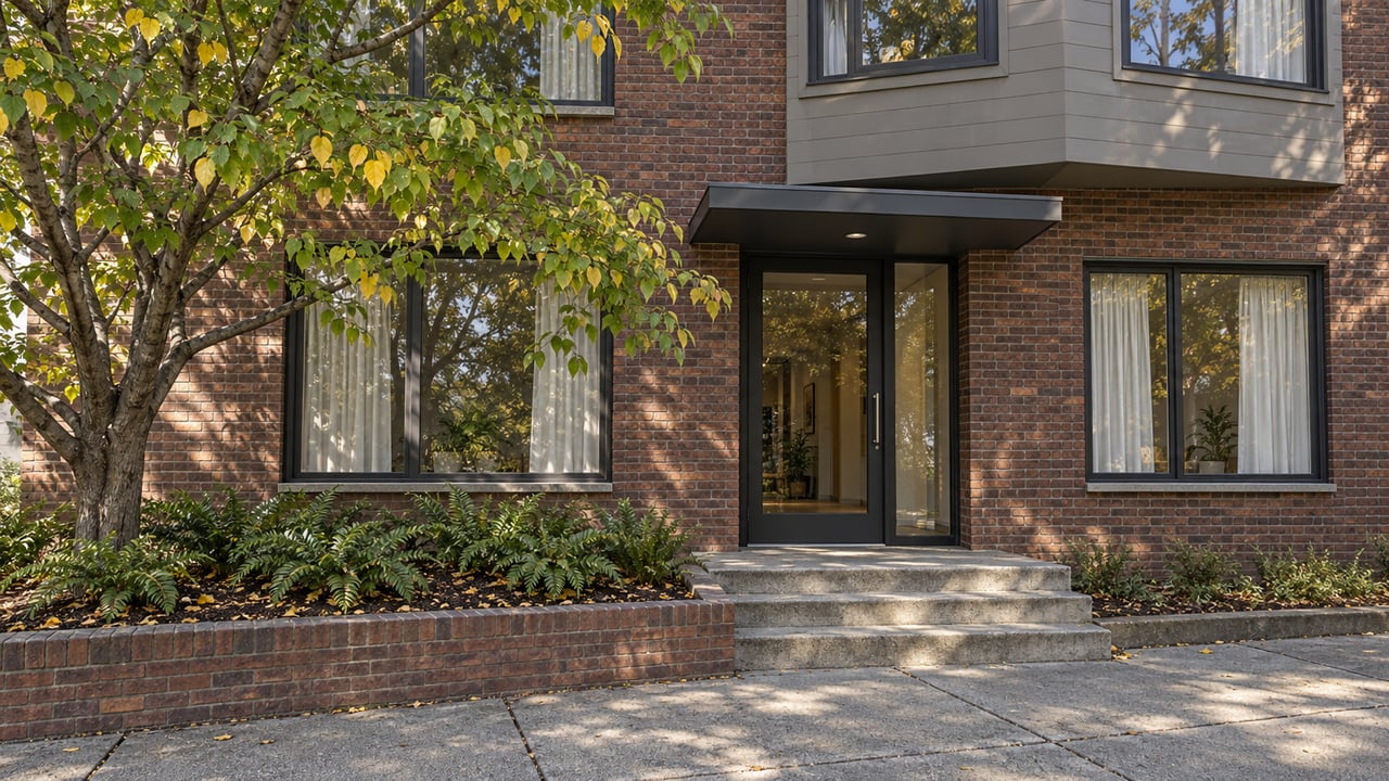 Brick apartment entrance with large residential windows, a gray projecting bay, and an autumn redbud beside concrete steps.