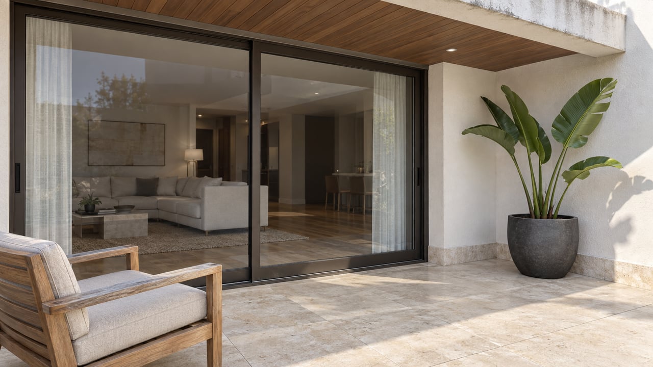 Covered condominium terrace with pale limestone flooring, wood soffit, bronze-framed sliding glass and a single broad-leaved plant in a charcoal pot.