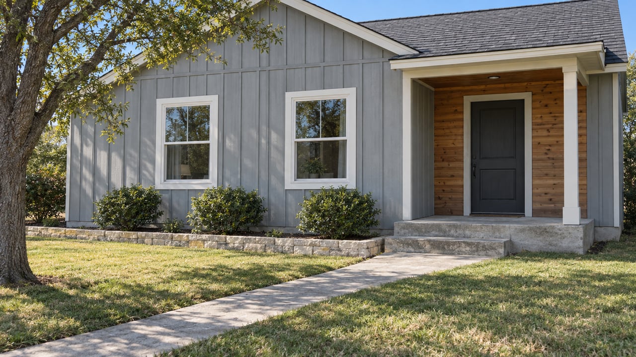 Gray board-and-batten cottage with cedar entry cladding, a covered concrete stoop, white-framed windows and a lawn crossed by a concrete walk.