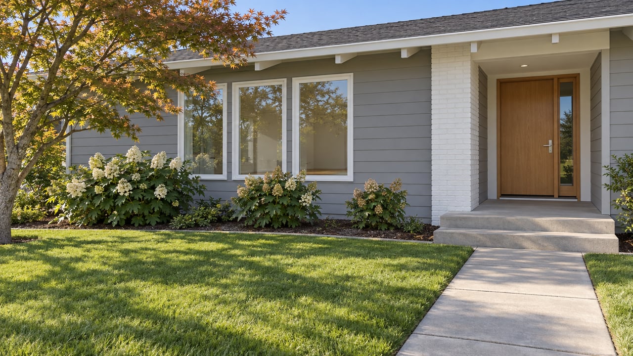 Morning light on a gray lap-sided single-story home with white brick entry, oak door, deep lawn and a maple tree.
