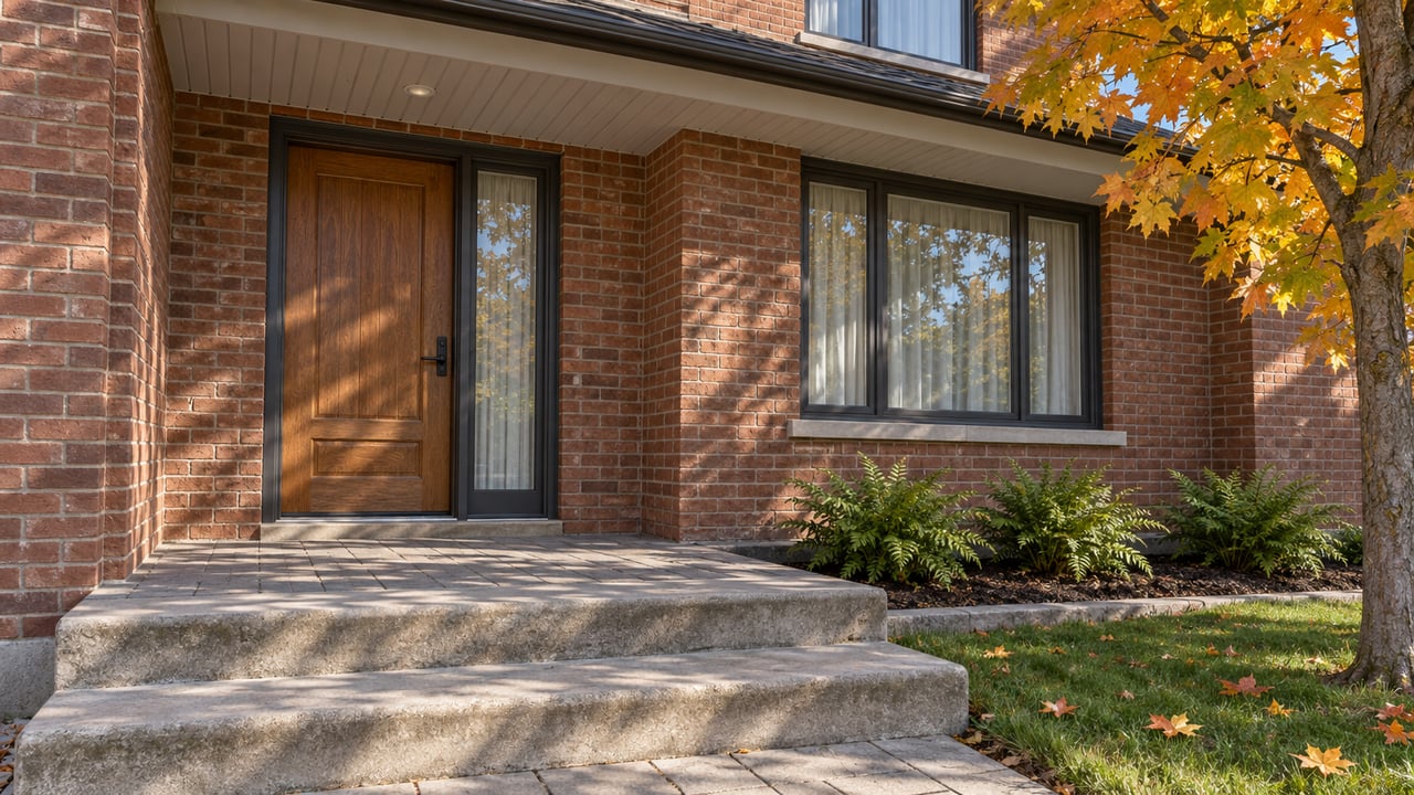 Autumn sunlight on a red-brown brick home's oak front door, concrete steps and maple-lined lawn.