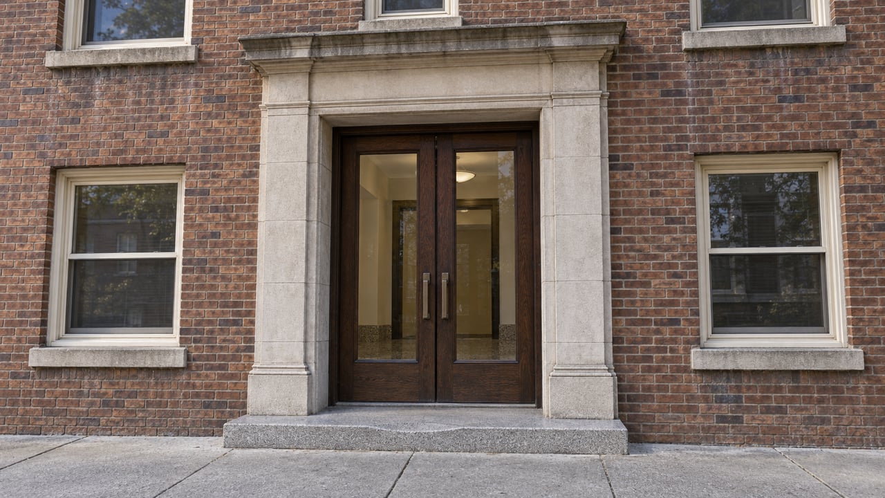 Close view of a brick apartment entrance with a worn limestone surround, glazed oak double doors, and a shallow granite step.
