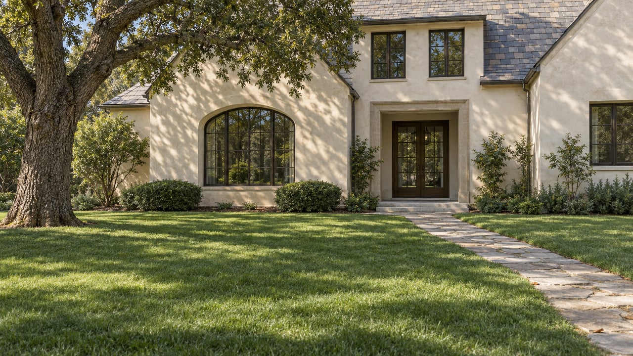 Stucco house with slate roof, arched gridded window, and flagstone walk across a broad lawn beneath an oak.
