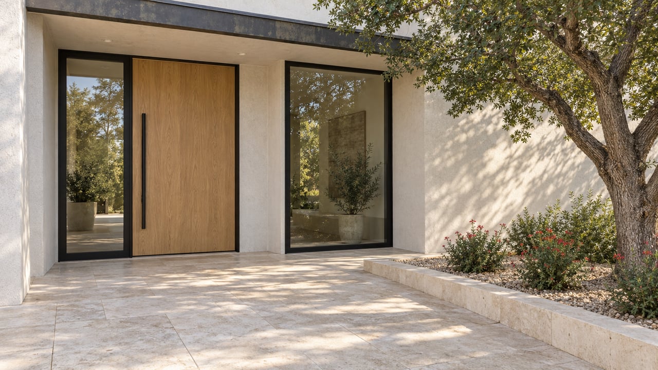Modern stucco home's recessed oak entry with black-framed glazing, limestone paving, and a mature live oak.