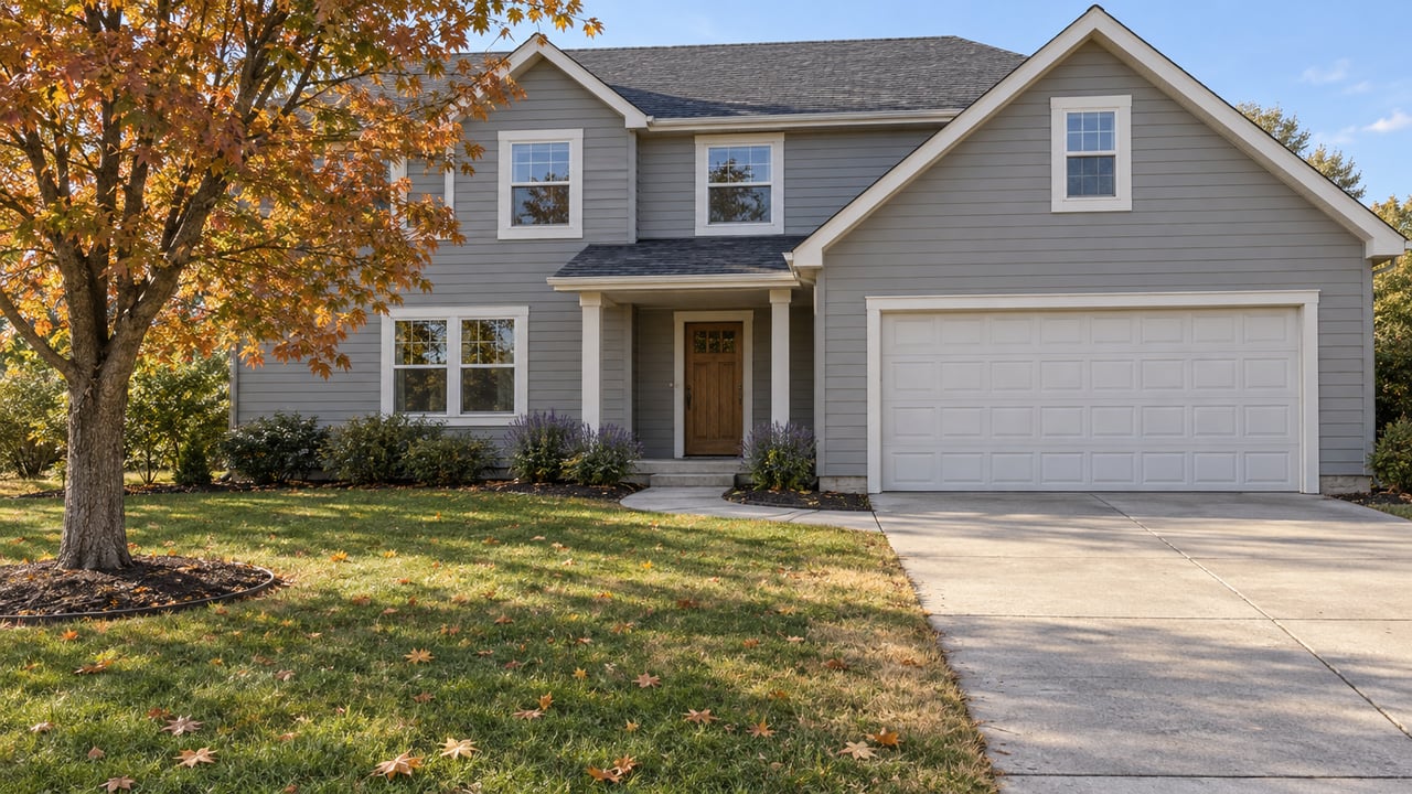 Two-story gray-sided home behind a broad lawn, with an attached garage and a mature maple showing autumn foliage.
