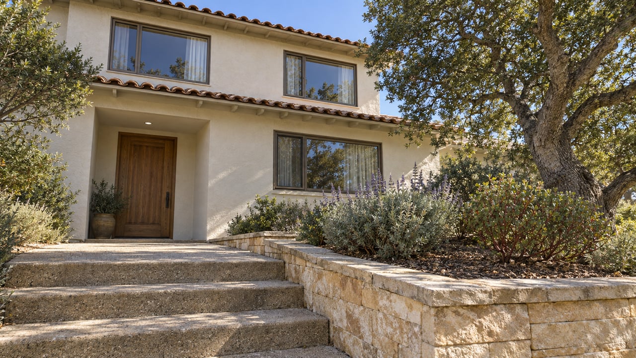 Ivory stucco hillside home with terracotta roof tiles, sandstone planting wall and broad concrete entry steps beside an oak tree.