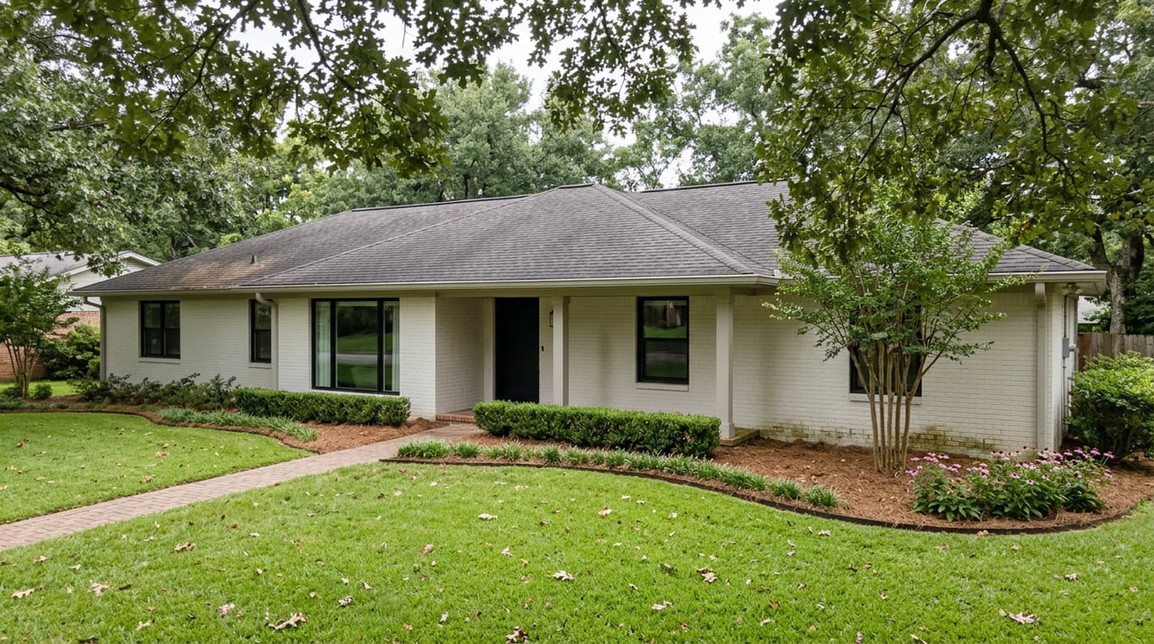 Painted-brick home with a dark shingle roof, curved paver walkway, and mature oak branches overhead.